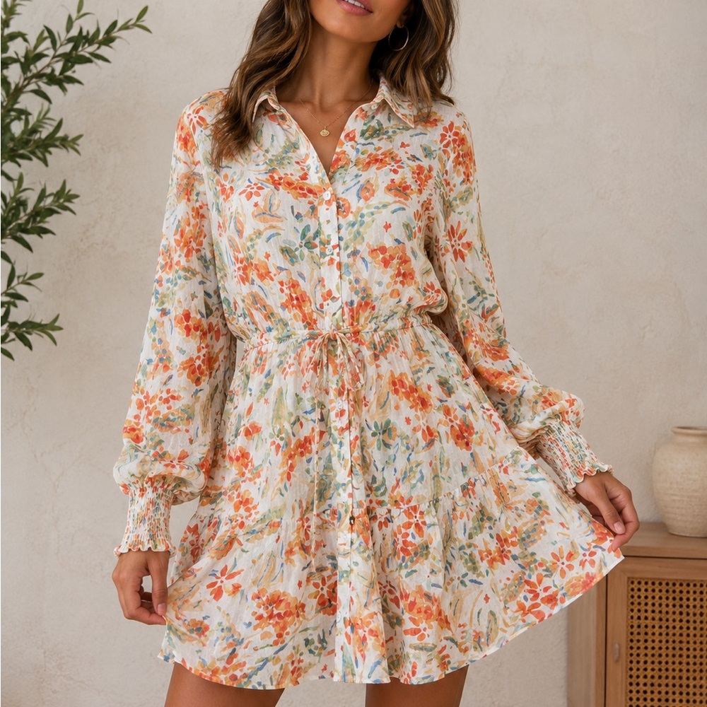 Fate Curve Floral Button-Up Blouse in Cream, Orange & Teal